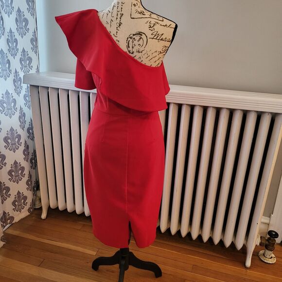 Zara One Shoulder Candy Apple Red Ruffled Pencil Dress Midi Length Holiday Sz M - Picture 7 of 13